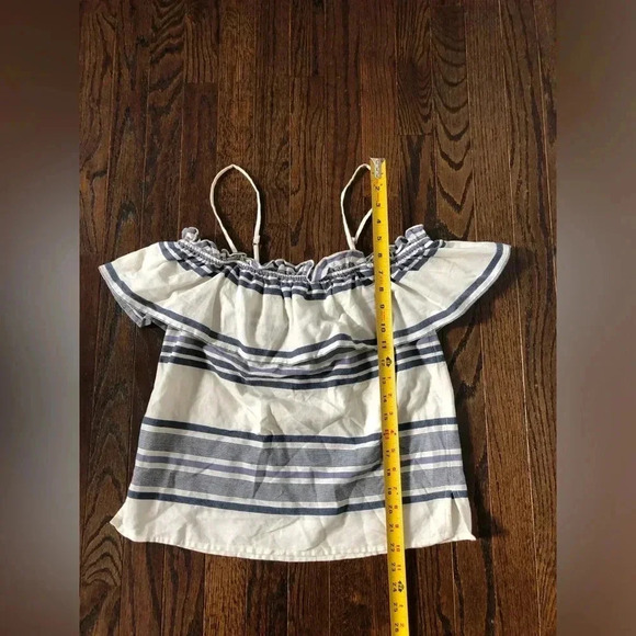 Splendid Women’s S Off-the-Shoulder Ruffle Overlay Blue/Off-White Striped Top - Picture 8 of 12